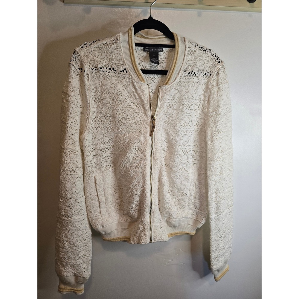 Chelsea & Theodore White Crochet Lace Bomber Jacket Cotton Zip Up Small